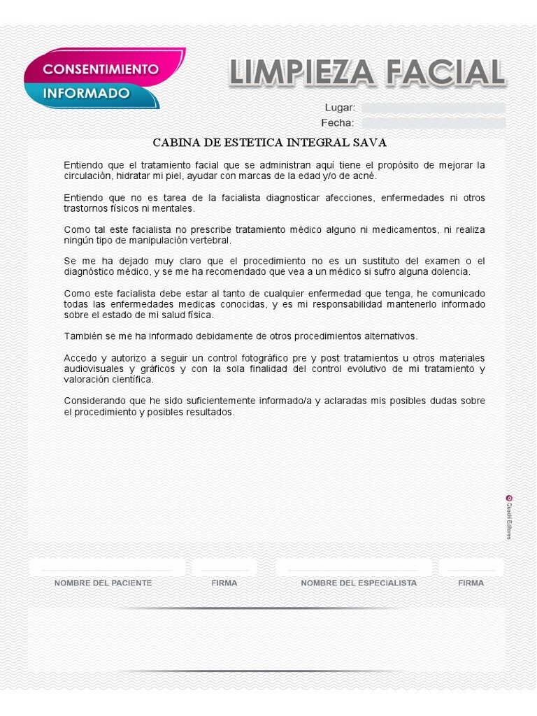 Consentimiento informado limpieza facial estetica integral sava pdf