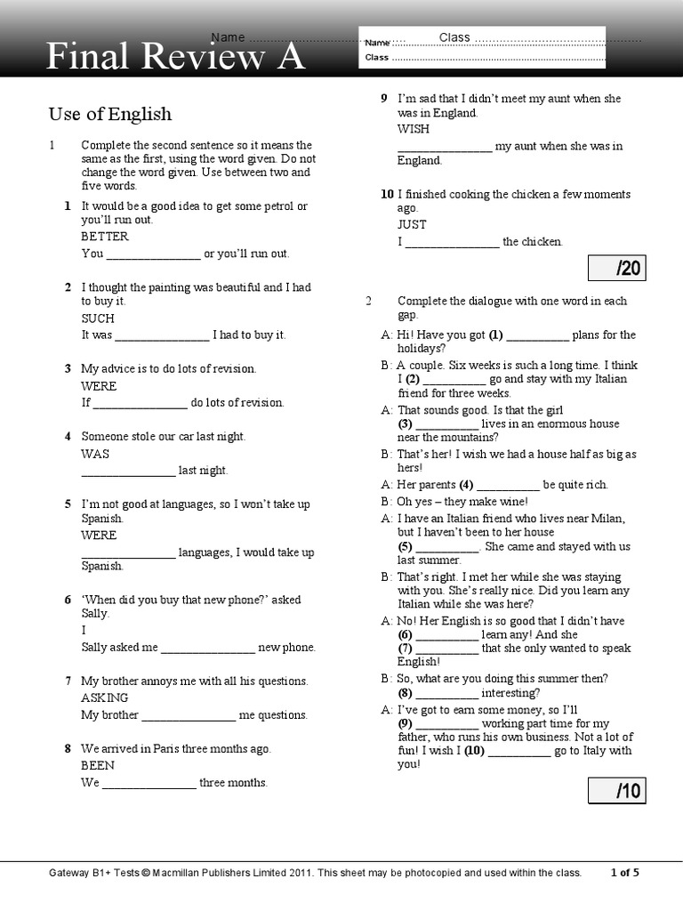 Gateway B1+ Final Review Test A | PDF