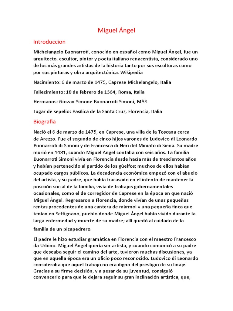 Miguel Ángel: Vida y Obra del Renacimiento | PDF | Miguel Ángel ...