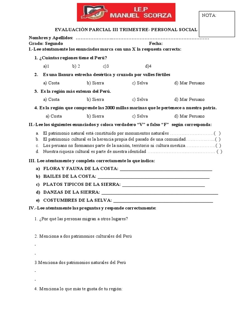 Examen de Personal Social 2° Grado | PDF