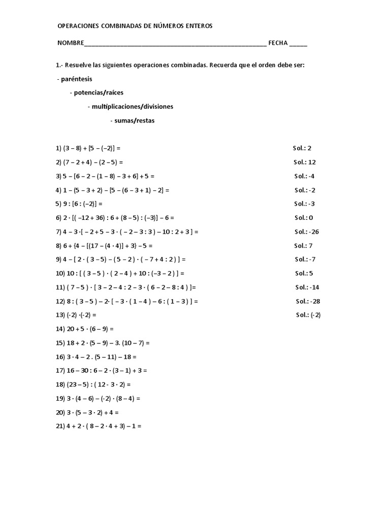 Ejercicios Operaciones Combinadas Números Enteros | PDF