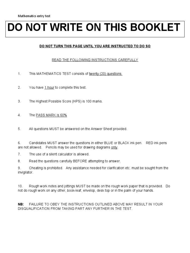 JDF Mathematics Test Instructions and Questions | PDF | Area | Ratio