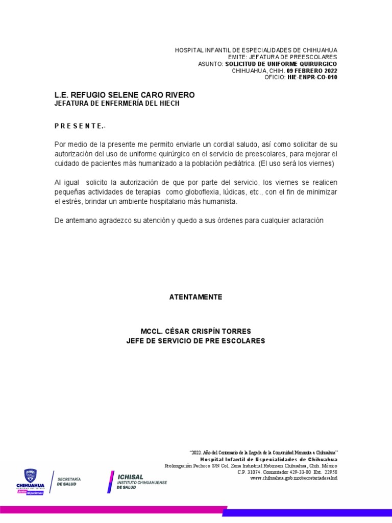 Oficio HIE-ENPR-CO-010 Solicitud de Uso de Uniforme Quirurgico | PDF