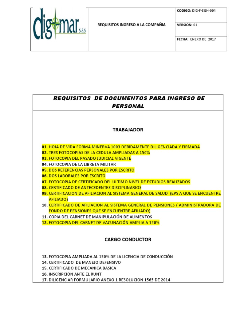 Formato Requisitos para Ingresar A Inversiones Digomar S.A | PDF
