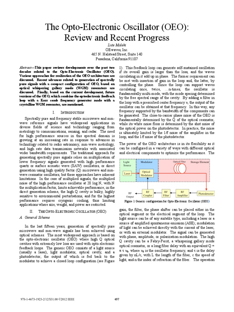 The OptoElectronic Oscillator (OEO) Review and Recent Progress PDF Laser Filter (Signal
