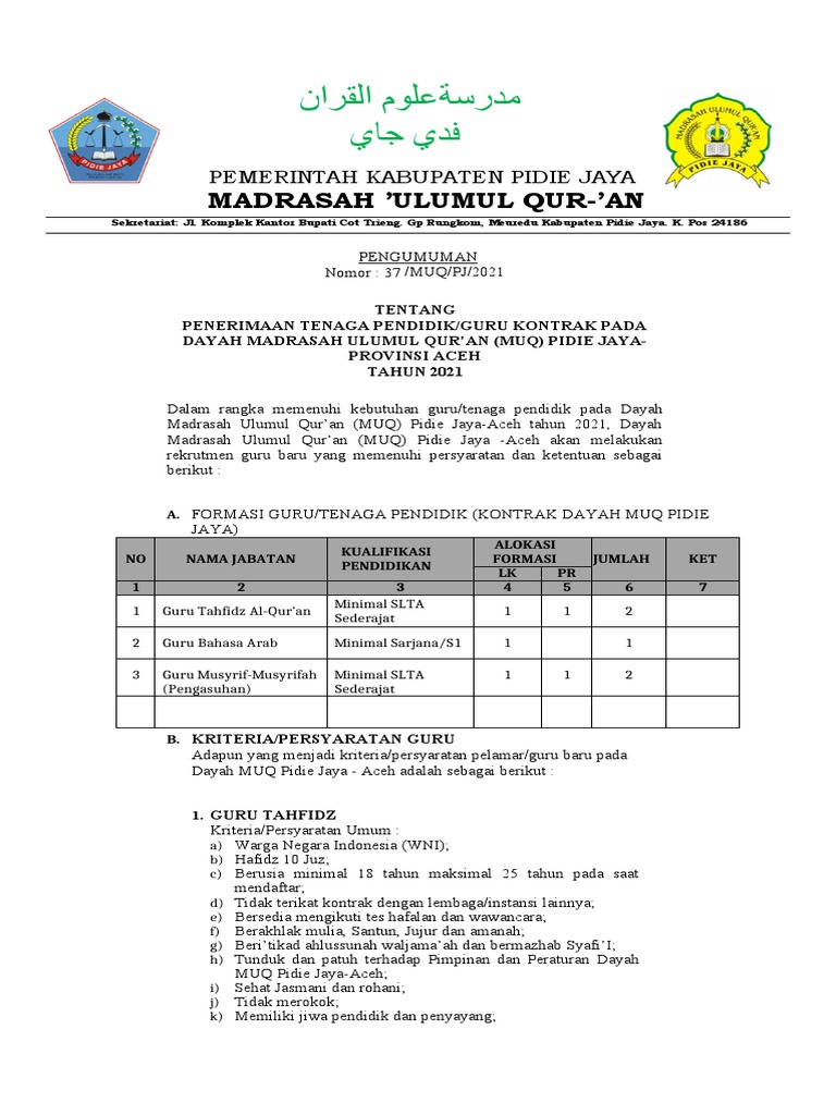 Pengumuman Rekrut Guru Muq Pidie Jaya | PDF