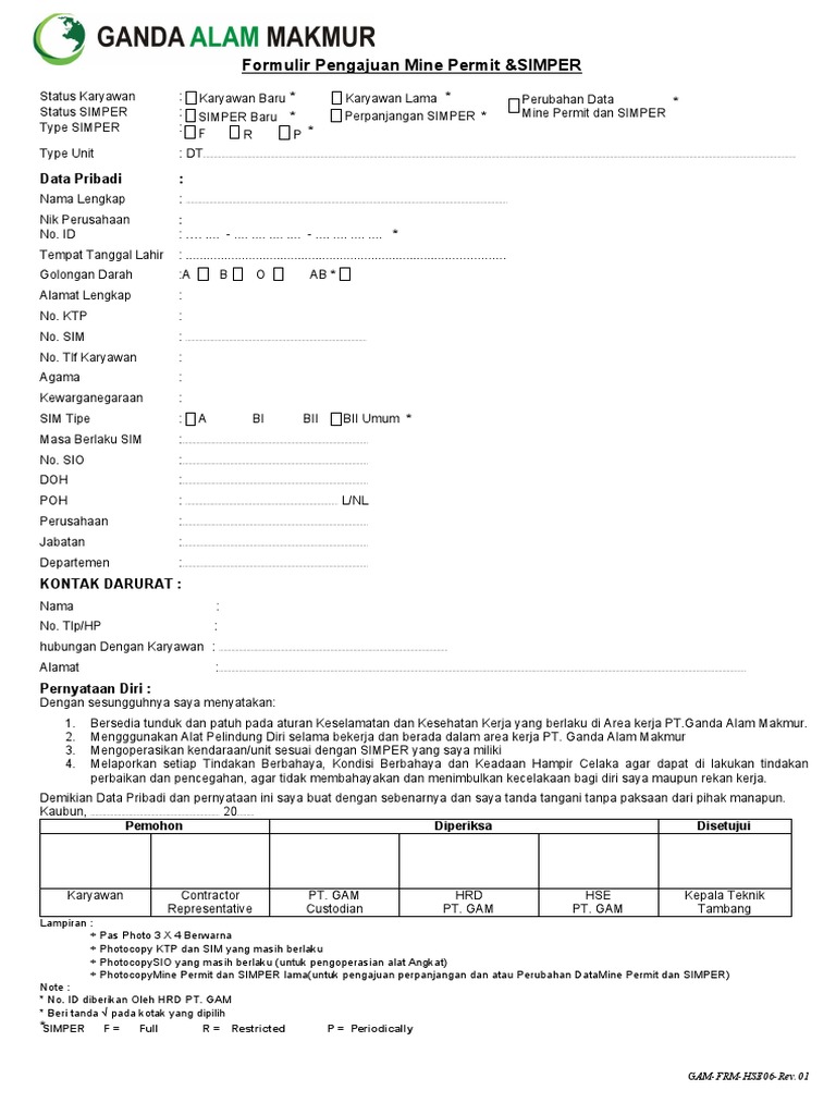 Formulir Pengajuan SIMPER & Mine Permit | PDF