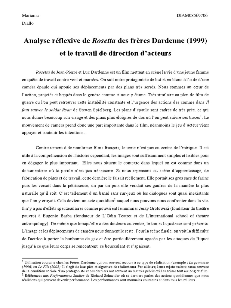 Analyse r flexive de rosetta des fr re dardenne 1998 et le jeu d