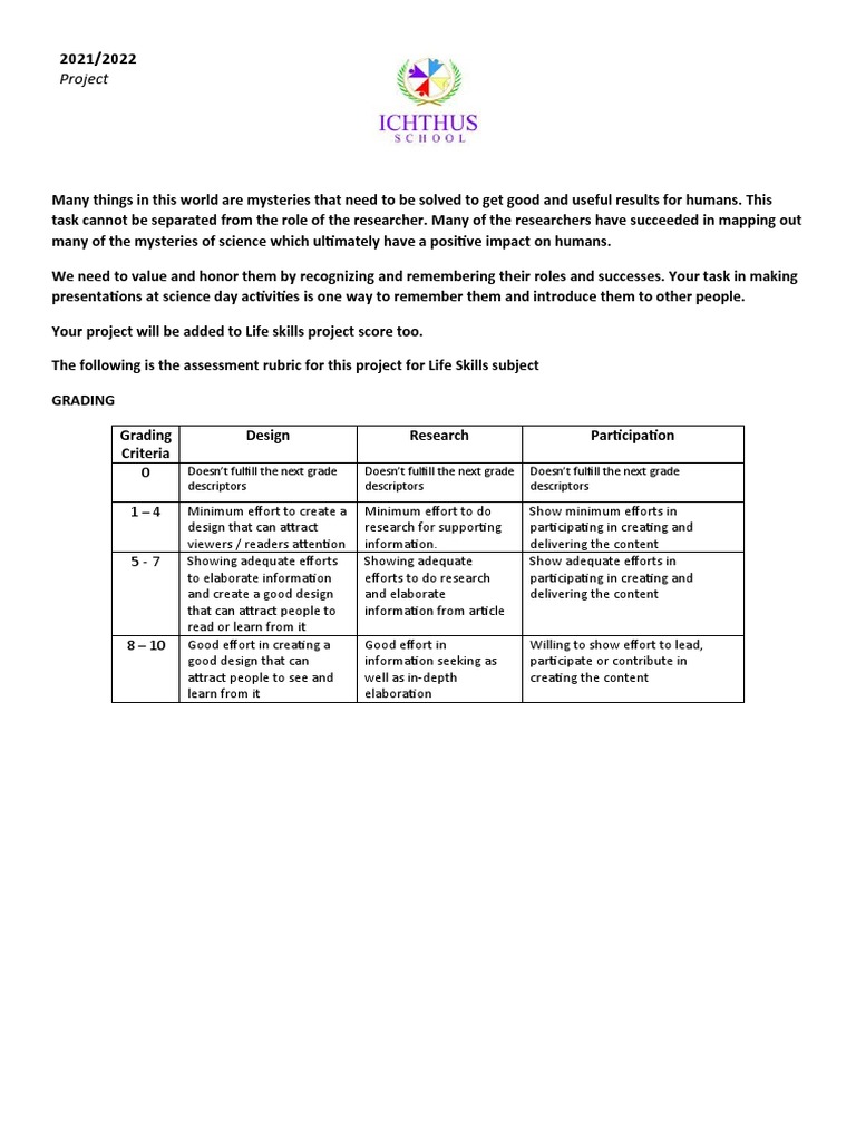 Science Day Project (Life Skills Rubric) | PDF