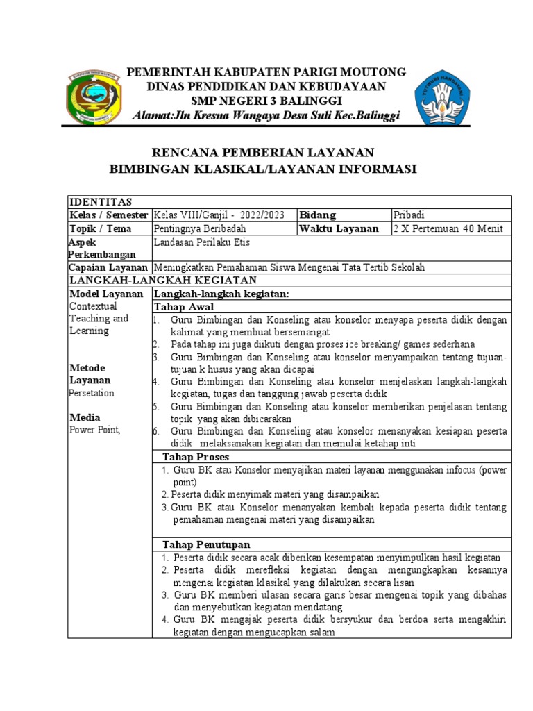 Rencana Layanan Bimbingan Klasikal | PDF