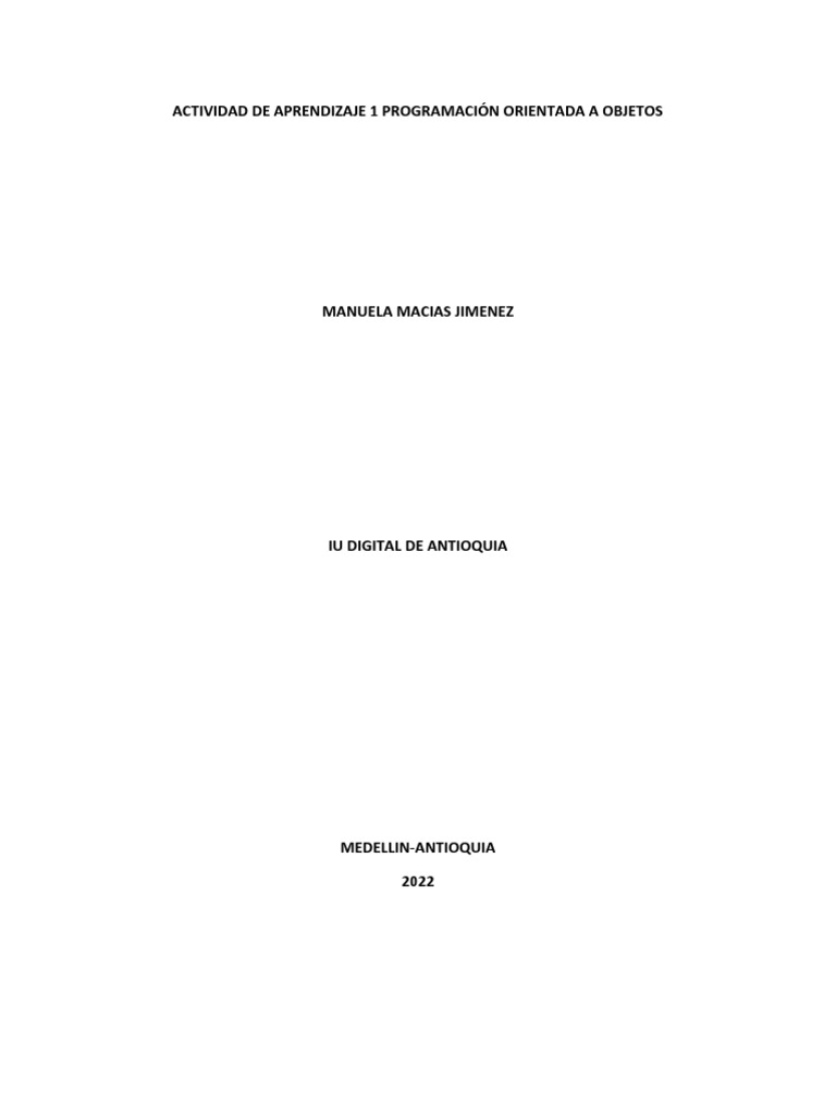 Actividad de Aprendizaje 1 Programación Orientada A Objetos | PDF ...