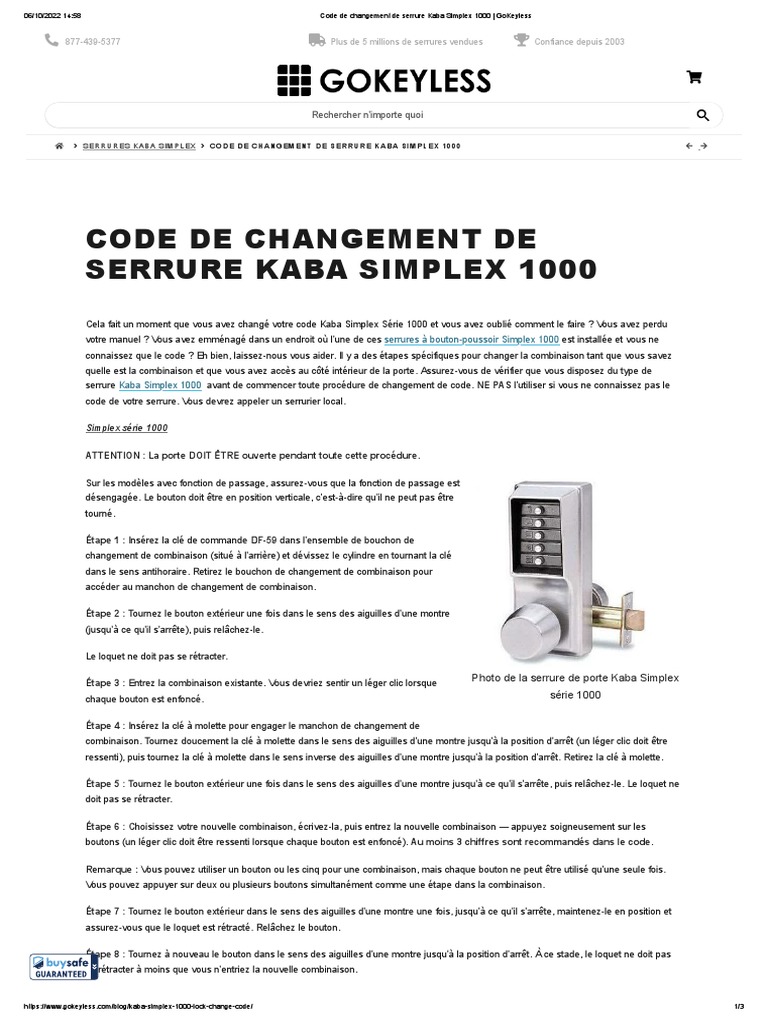 Code de Changement de Serrure Kaba Simplex 1000 - GoKeyless | PDF ...
