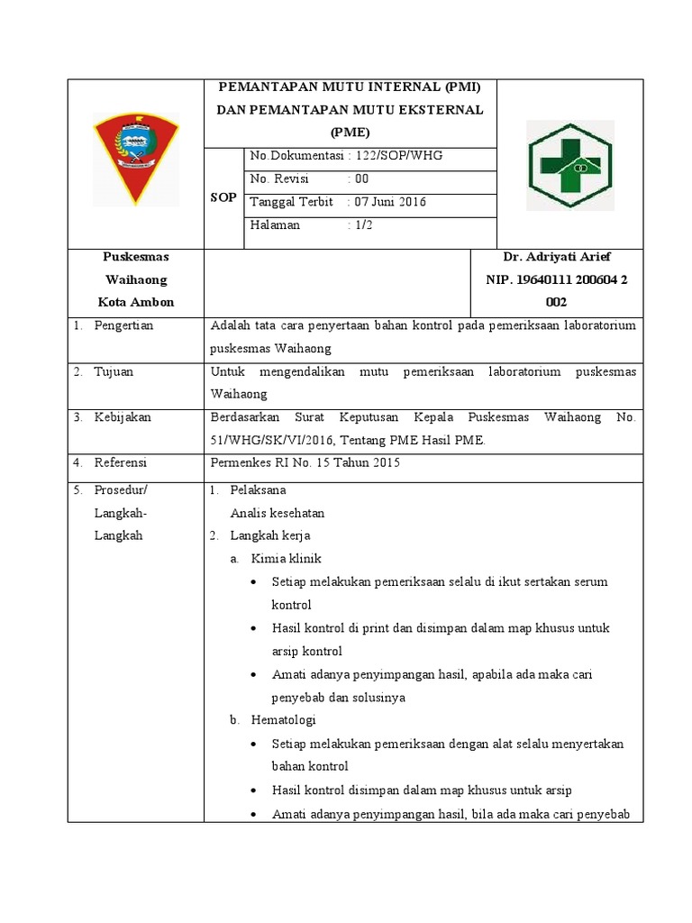 Sop pemantapan mutu internal pmi dan pemantapan mutu eksternal pme