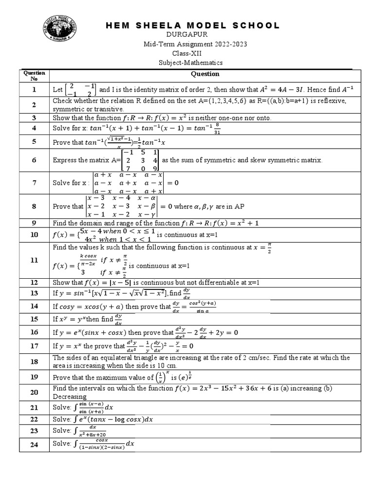 Mathematics Mid-Term Assignment 2022-23 | PDF | Function (Mathematics ...