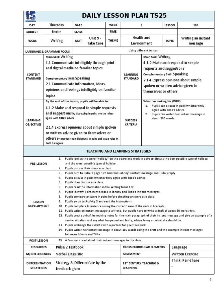 Form 2 Instant Message Writing Lesson | PDF | Lesson Plan | Behavior ...