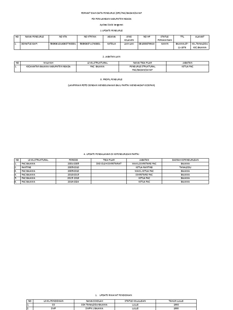 Format Data Pengurus PDI Perjuangan Ngada | PDF