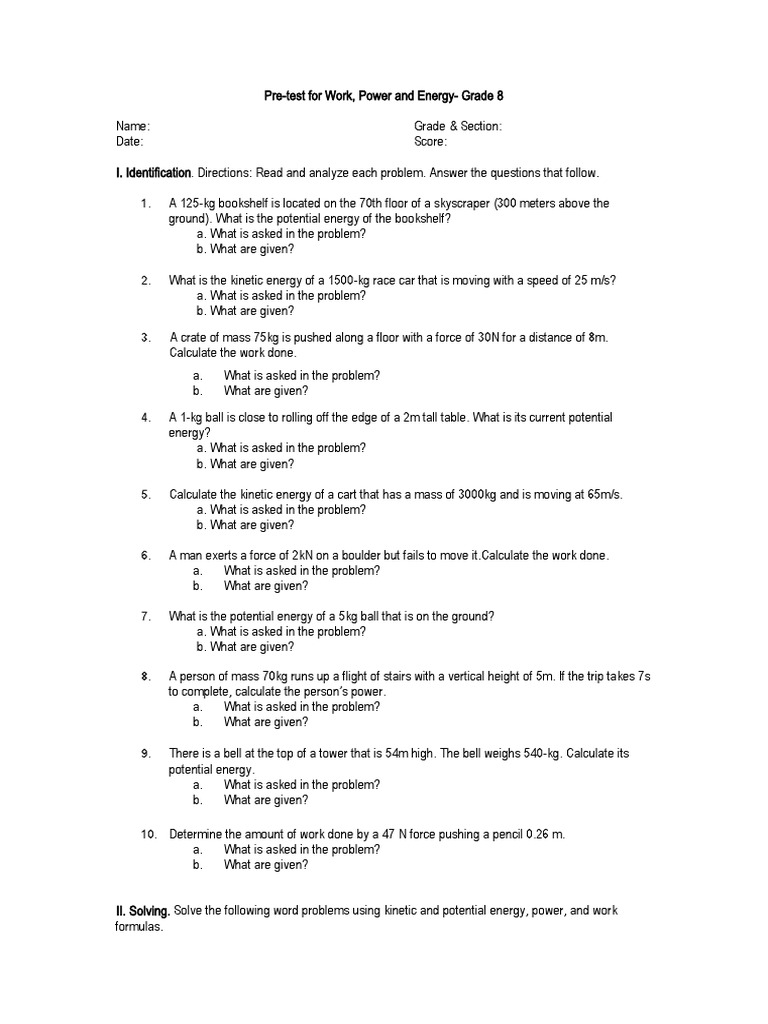Pretest and Posttest PDF Force Potential Energy