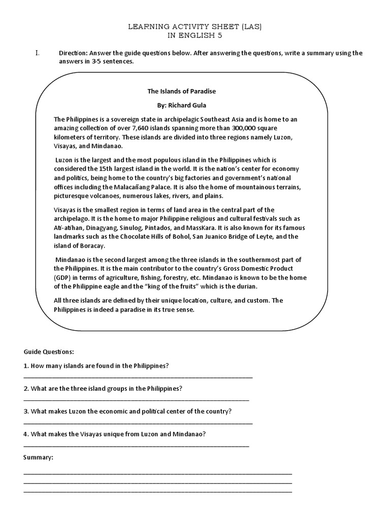Learning Activity Sheet English 5 | PDF | Philippines | Mindanao