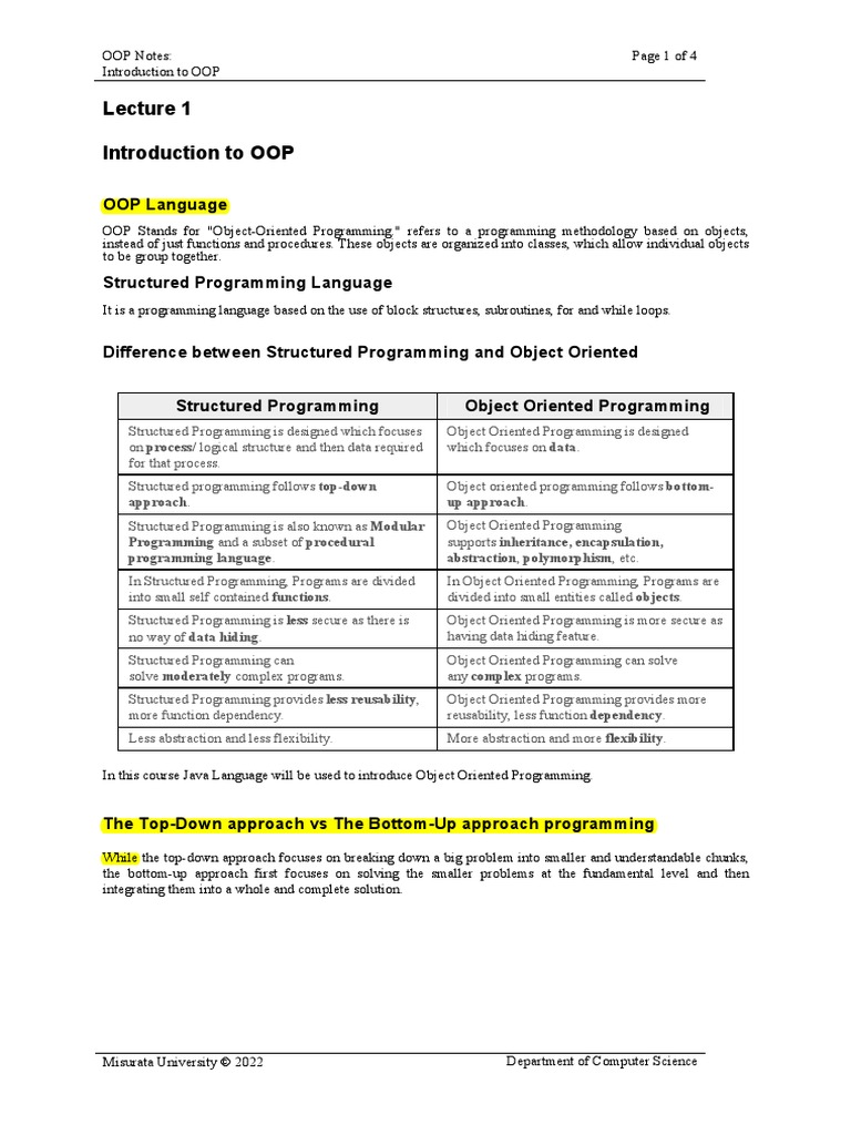 Introduction to OOP Notes: Structured vs OOP Programming | PDF | Object ...