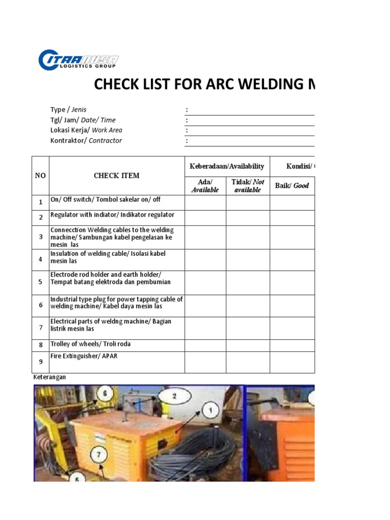 CHECK LIST FOR ARC WELDING MACHINE, GRINDING, METAL CUTTING Fix PDF