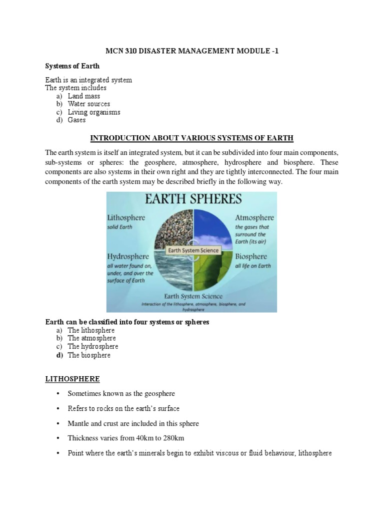 An Overview of the Four Main Spheres that Comprise the Earth System The Lithosphere, Atmosphere