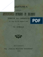 Nicolae Iorga - Cuvântarea Pentru Aniversarea Intrării În Războiu, Ținută La Cernăuți Ân Ziua de 28 August 1919