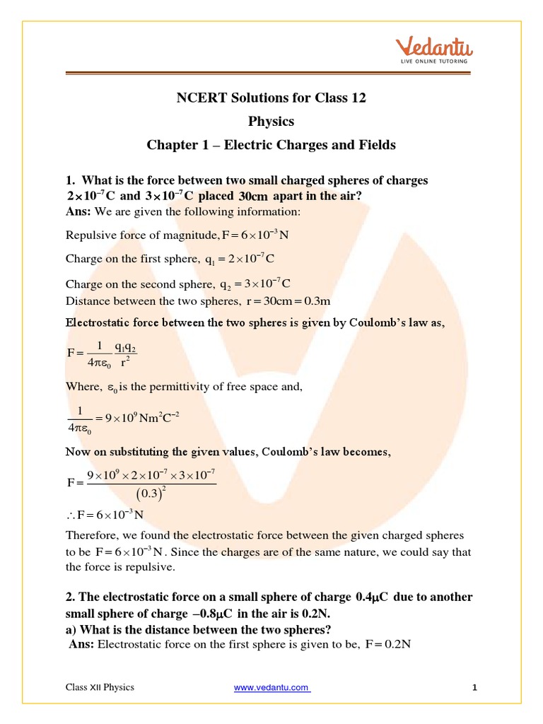 Class 12 Physics: Coulomb's Law Solutions | PDF | Electric Field ...
