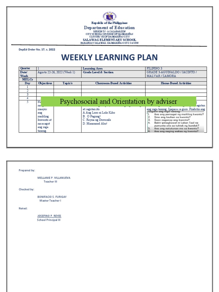 q1 Week 1 WLP Filipino 3 | PDF | Philippines