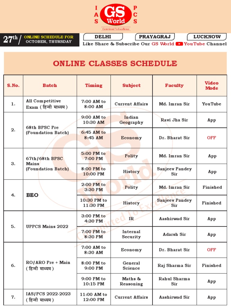 27 Oct 2022 GS WORLD CLASSES SCHEDULE-1 | PDF