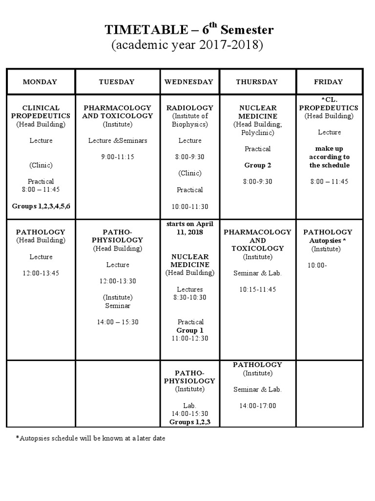 6th Semester Medical Timetable | PDF | Pathology | Public Services
