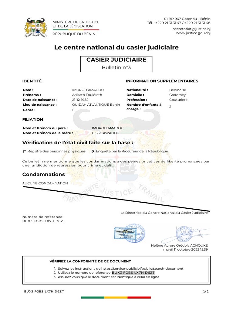 Casier Judiciaire Bénin : Bulletin n°3 | PDF | Justice | Crime et violence
