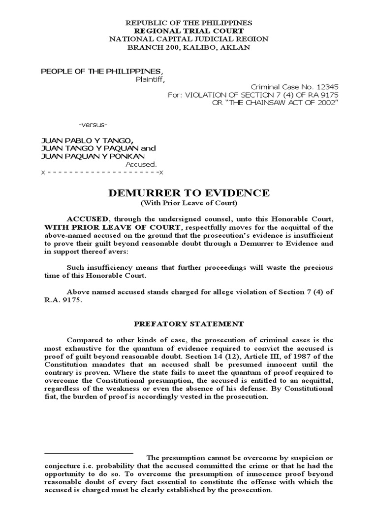 Demurrer To Evidence Ra9165 Sample PDF Free PDF Burden Of Proof