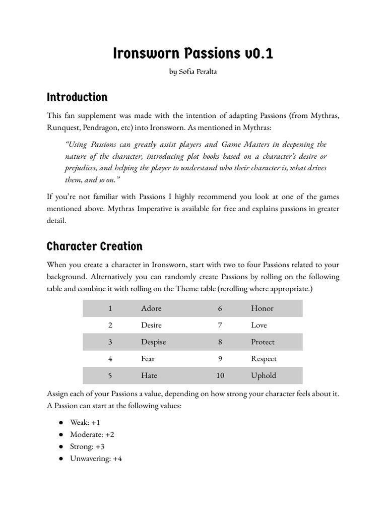 Ironsworn Passions v0.1 PDF