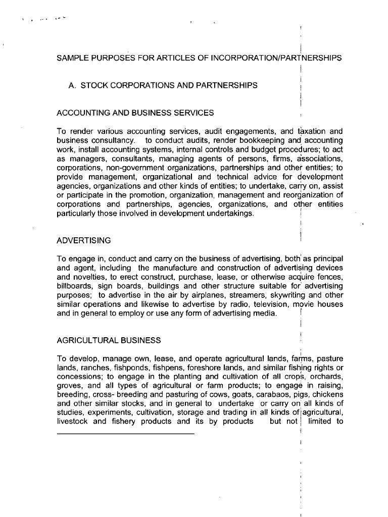 Articles Of Incorporation Sample Of Purposes From Sec