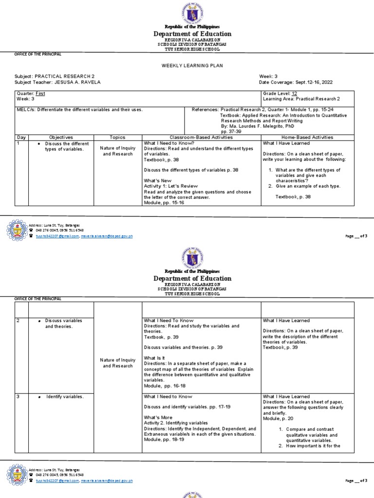 Practical Research 2 Week 3 Plan | PDF | Quantitative Research | Learning
