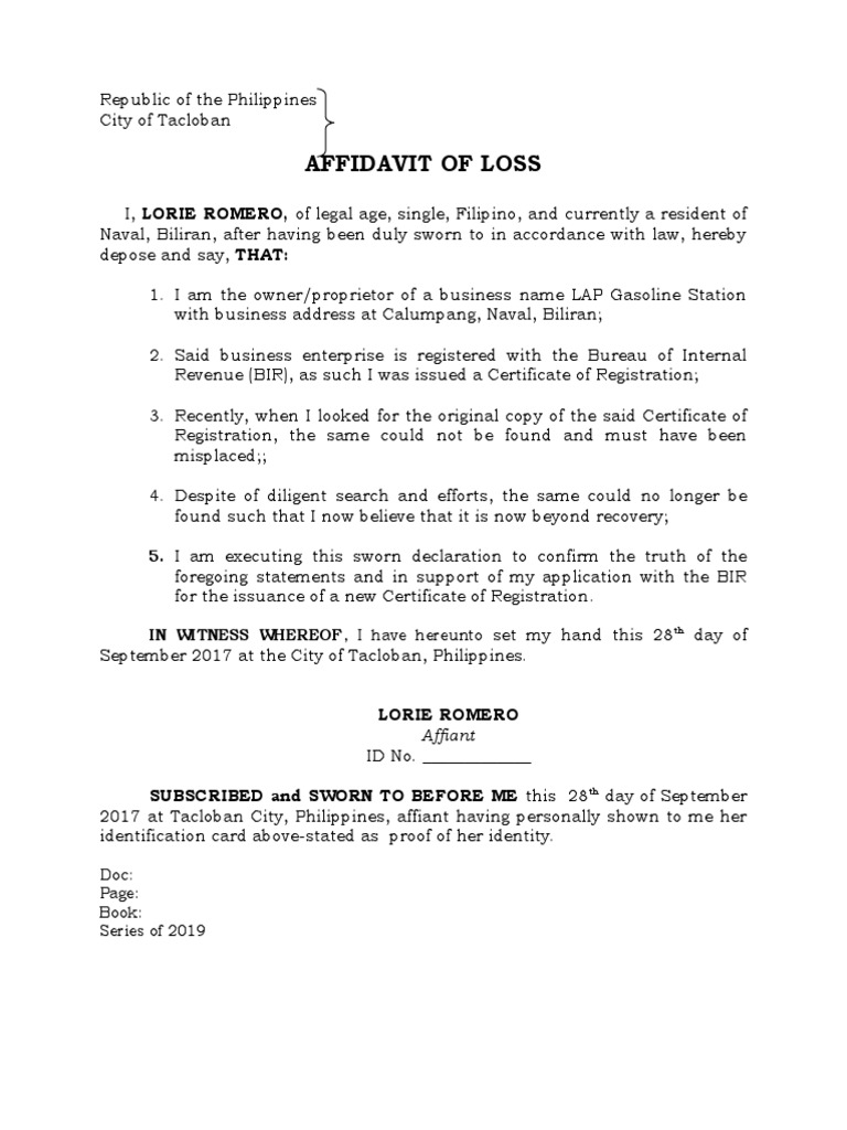 Affidavit of loss bir cr pdf