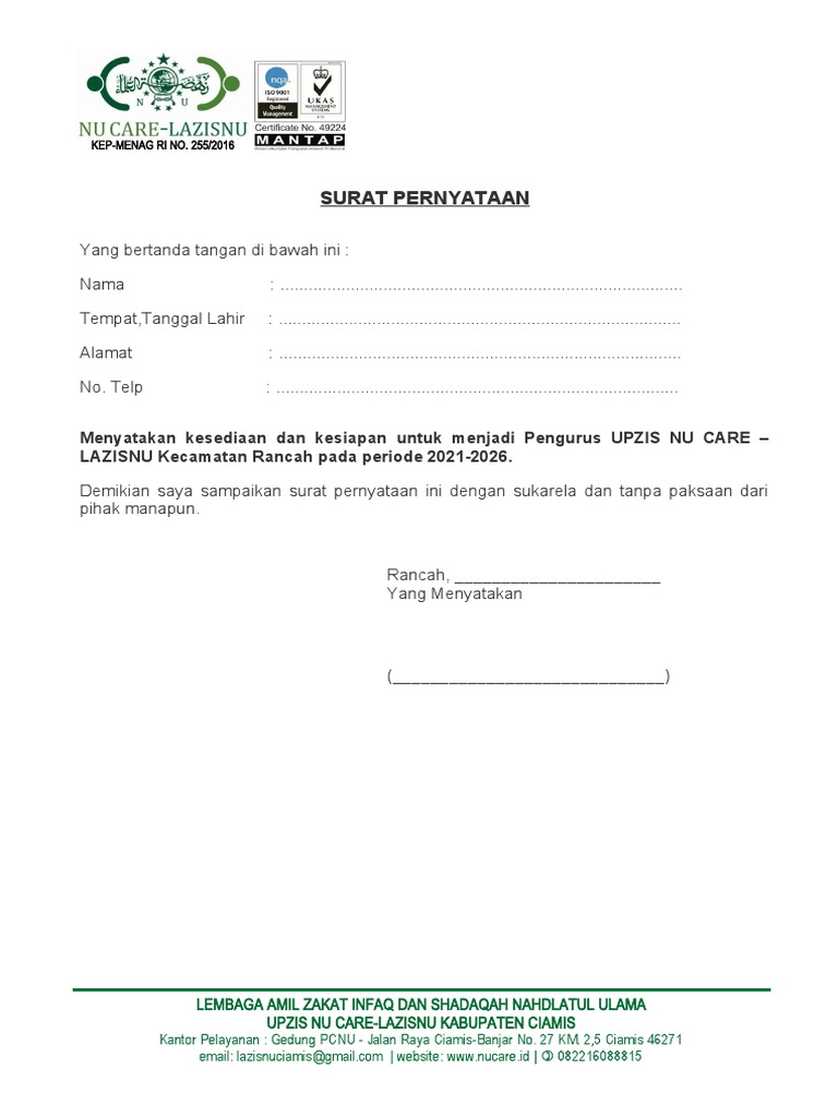 Surat Pernyataan Kesediaan Menjadi Pengurus | PDF | Bisnis