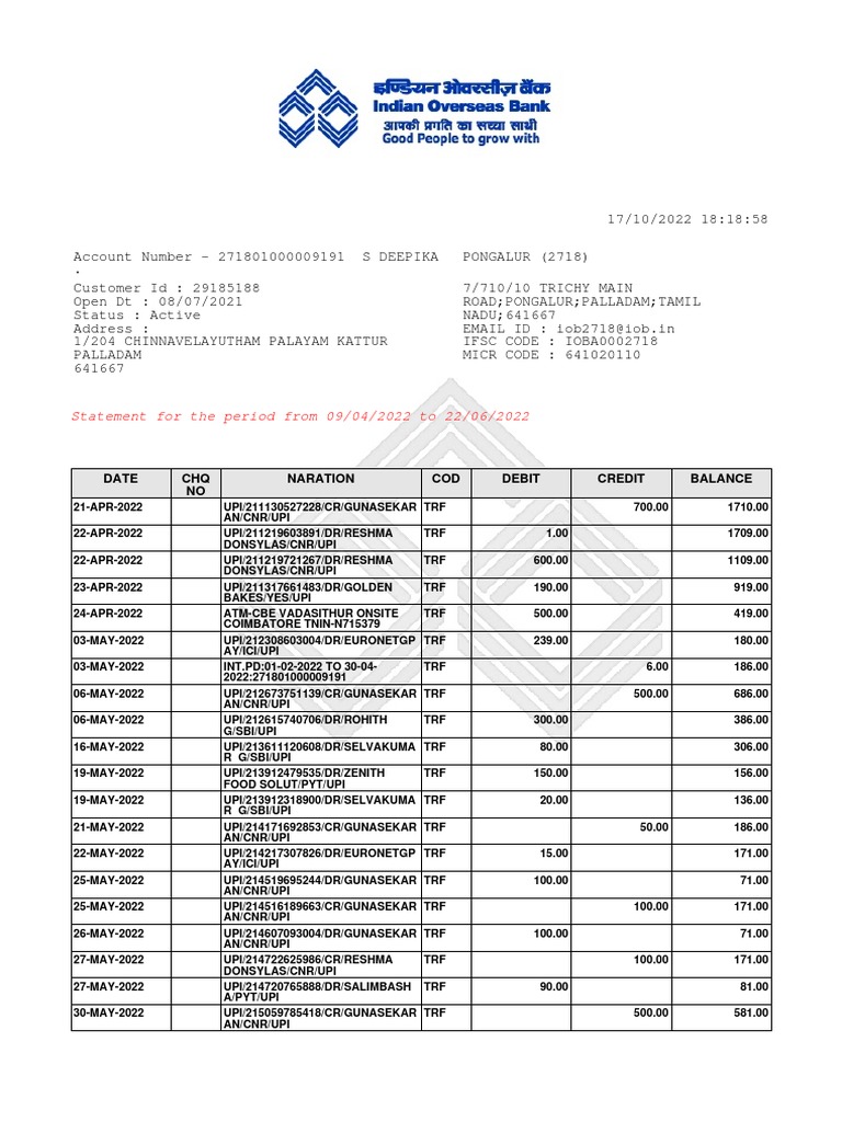 IOB UPI Transaction Statement Summary | PDF | Financial Services ...