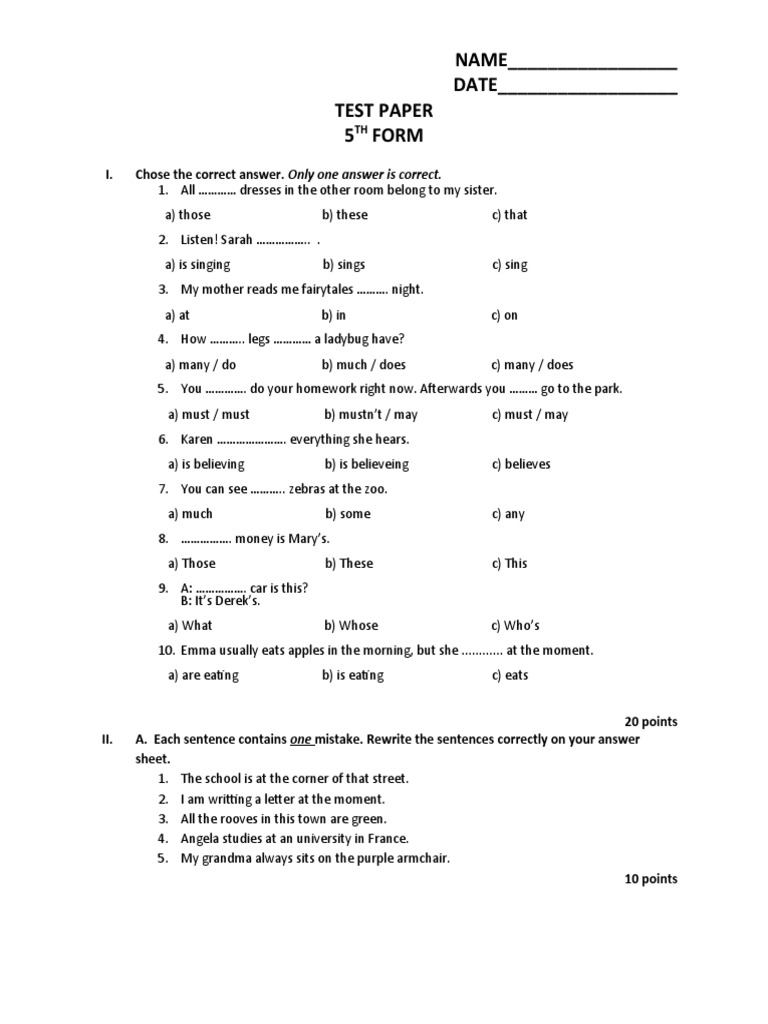 5th Grade Initial Test Paper | PDF