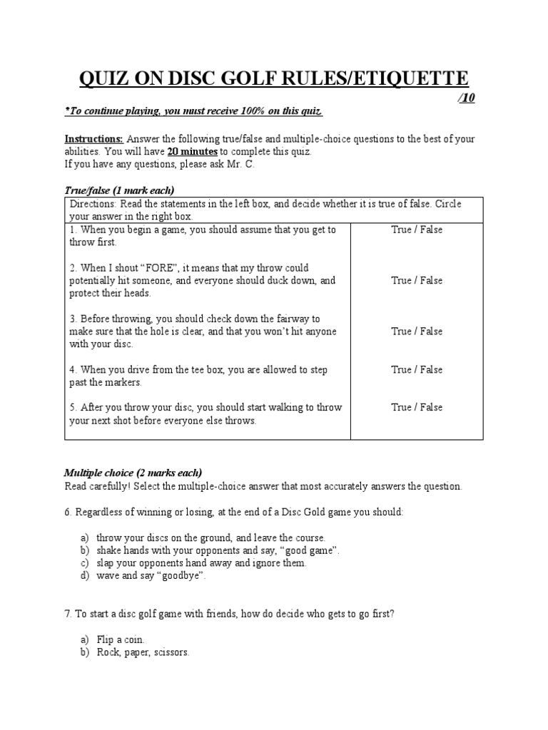Disc Golf Quiz PDF Multiple Choice Golf Course