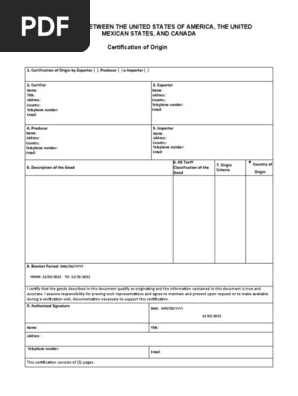 Formato USMCA certification of Origin