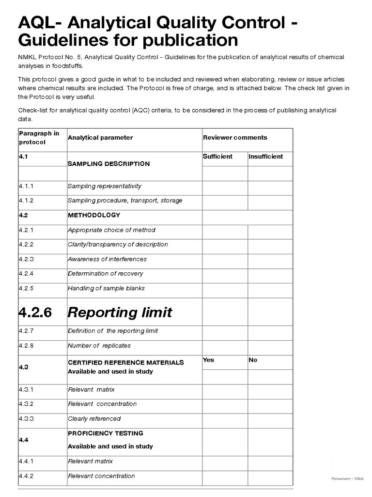 NMKL AQL Analytical Quality Control Guidelines For Publication | PDF ...