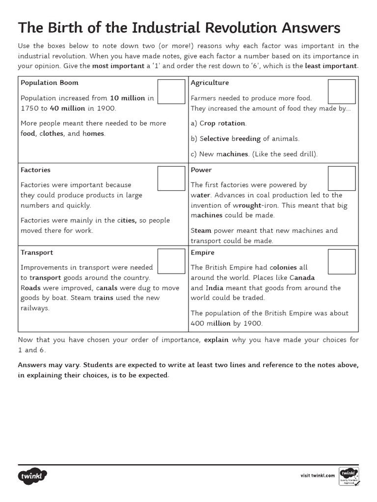 Industrial Revolution Activity Sheet Answers PDF