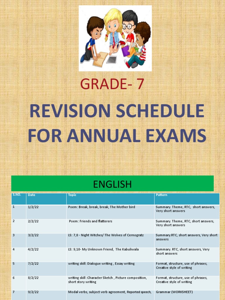 Grade 7 Annual Exam Revision Schedule | PDF | Human Communication ...
