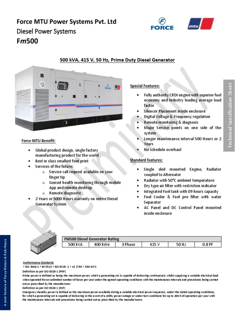 Force MTU Spec Sheet 500 KVA 415V 50 HZ Prime PDF Electric