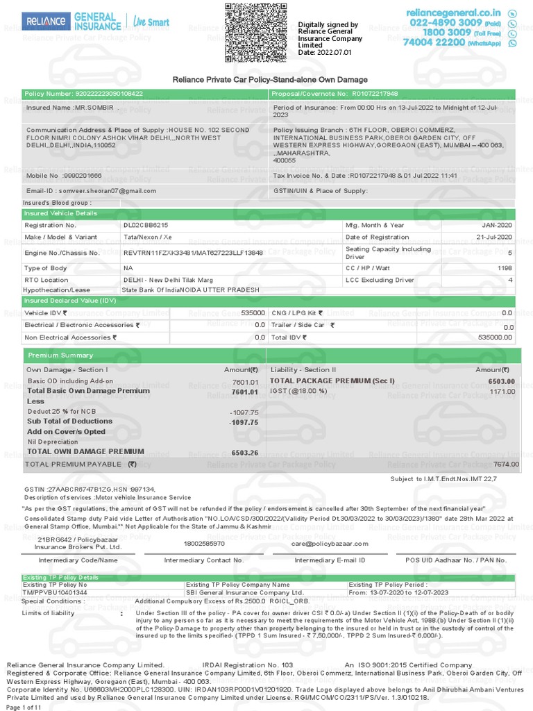 Reliance Private Car PolicyStandalone Own Damage PDF Insurance Liability Insurance