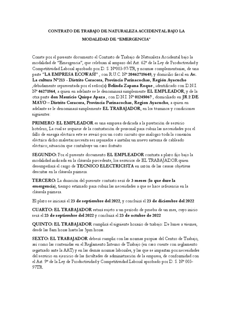 Contrato de Trabajo por Emergencia | PDF | Derecho laboral | Economias