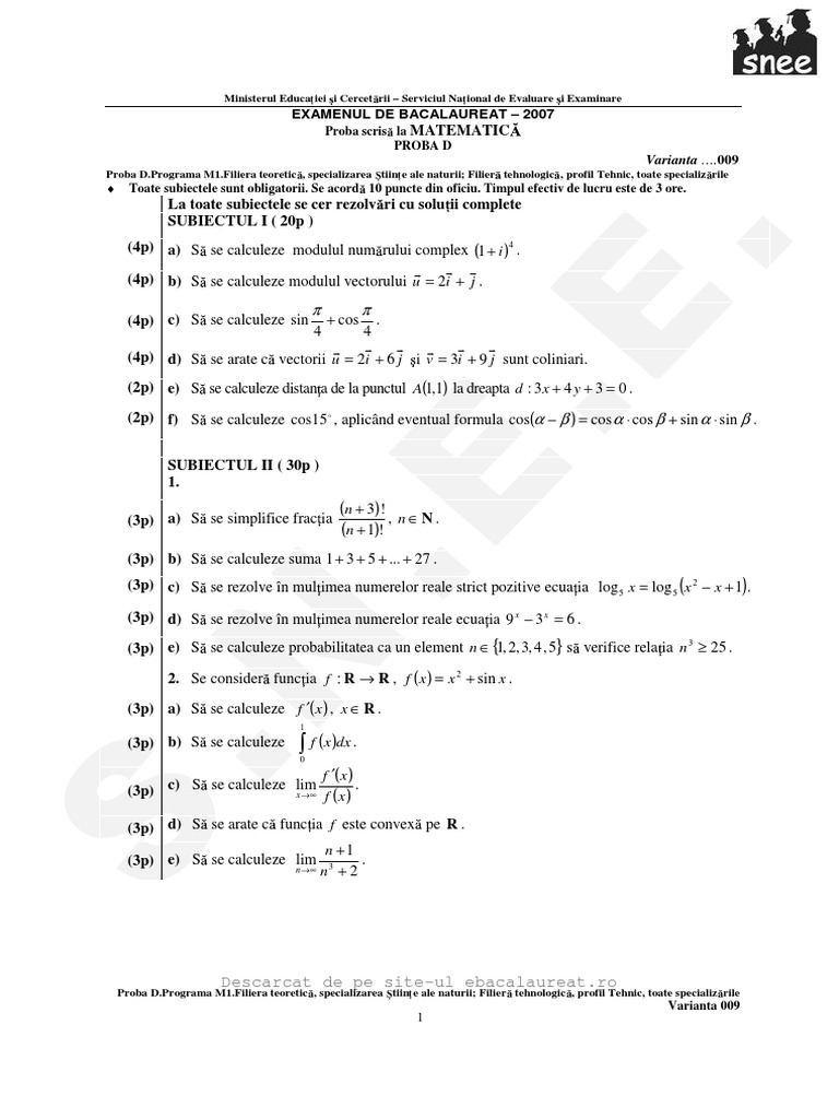 Varianta 009 Matematica M1 2 Bacalaureat 2007 Subiecte Si Rezolvari | PDF