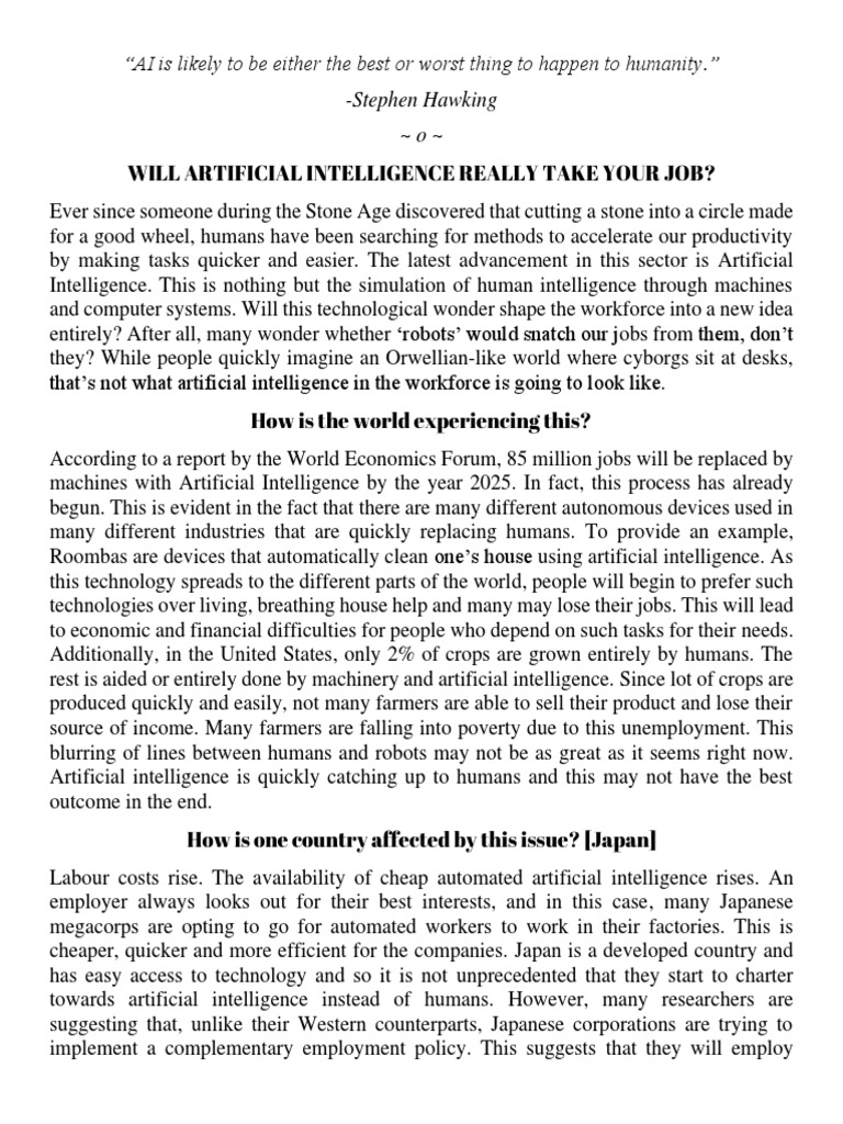 Will AI Replace Human Jobs? | PDF | Artificial Intelligence ...