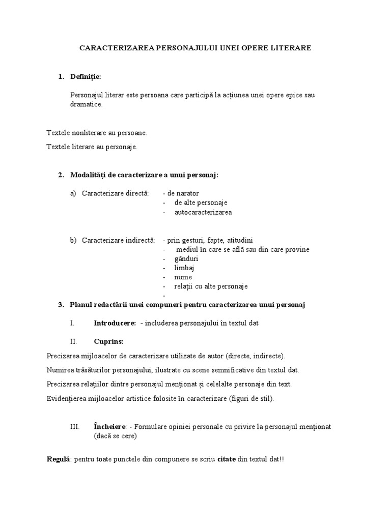 Caracterizarea Personajului - 1 | PDF